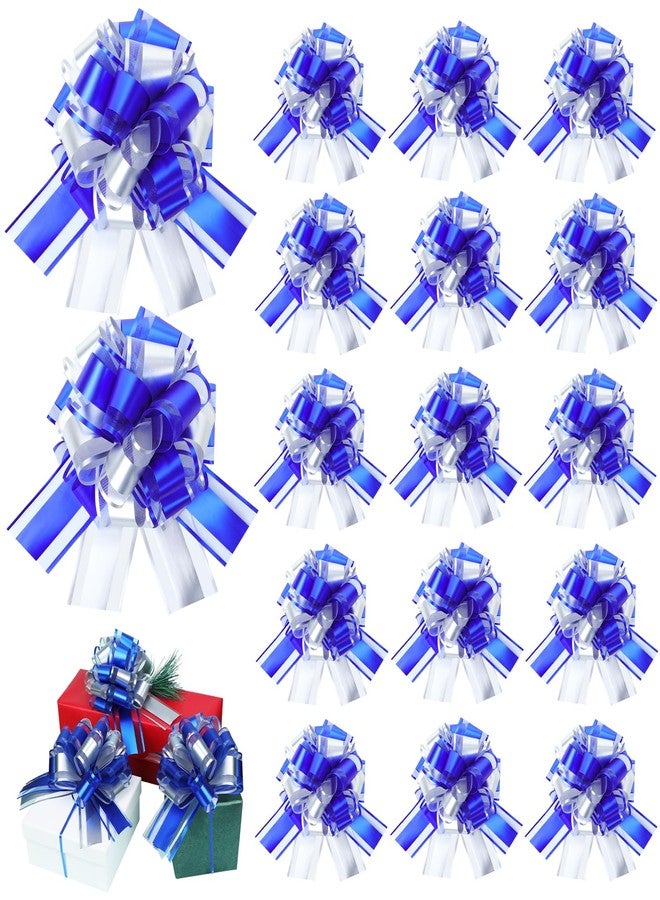 HEYTIMI 24 Pcs Christmas Large Pull Bows for Gift Wrapping Double-Layer Ribbon Bow 6 Inch Blue and Silver Xmas Bow for Presents Basket Wreath Wine Bottles Valentine Day Holiday Decor (Blue and Silver) - Image 1